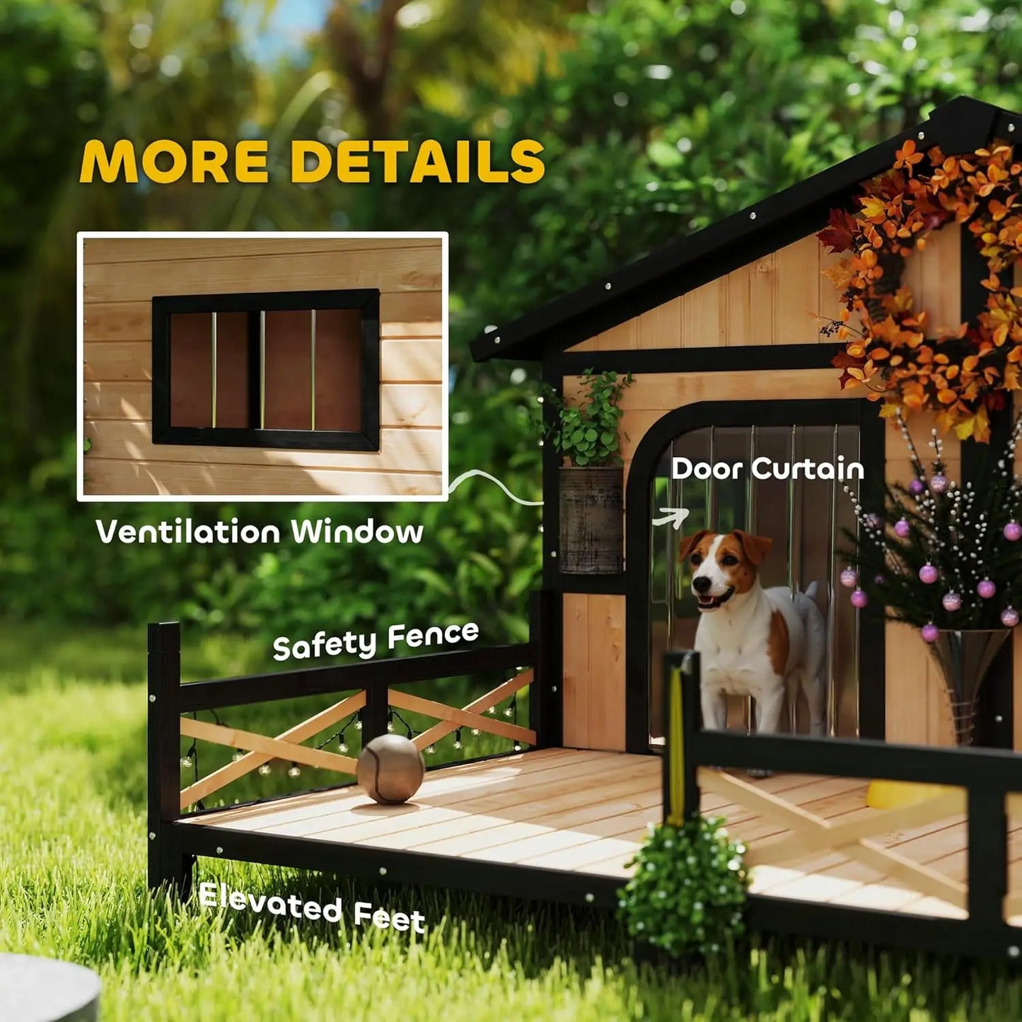 Dog House Outdoor, Wooden Dog Kennel Weatherproof with Porch, Openable Roof, Removable Bottom, Elevated Floor, Double Room