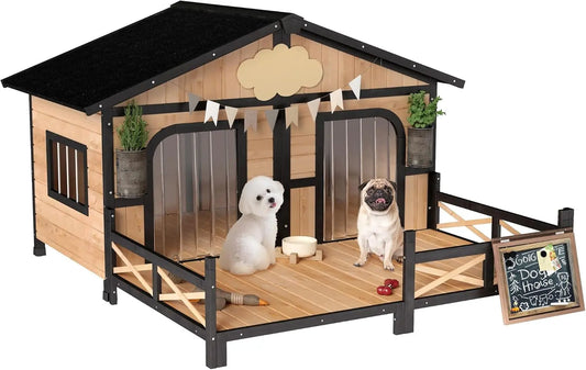 Dog House Outdoor, Wooden Dog Kennel Weatherproof with Porch, Openable Roof, Removable Bottom, Elevated Floor, Double Room